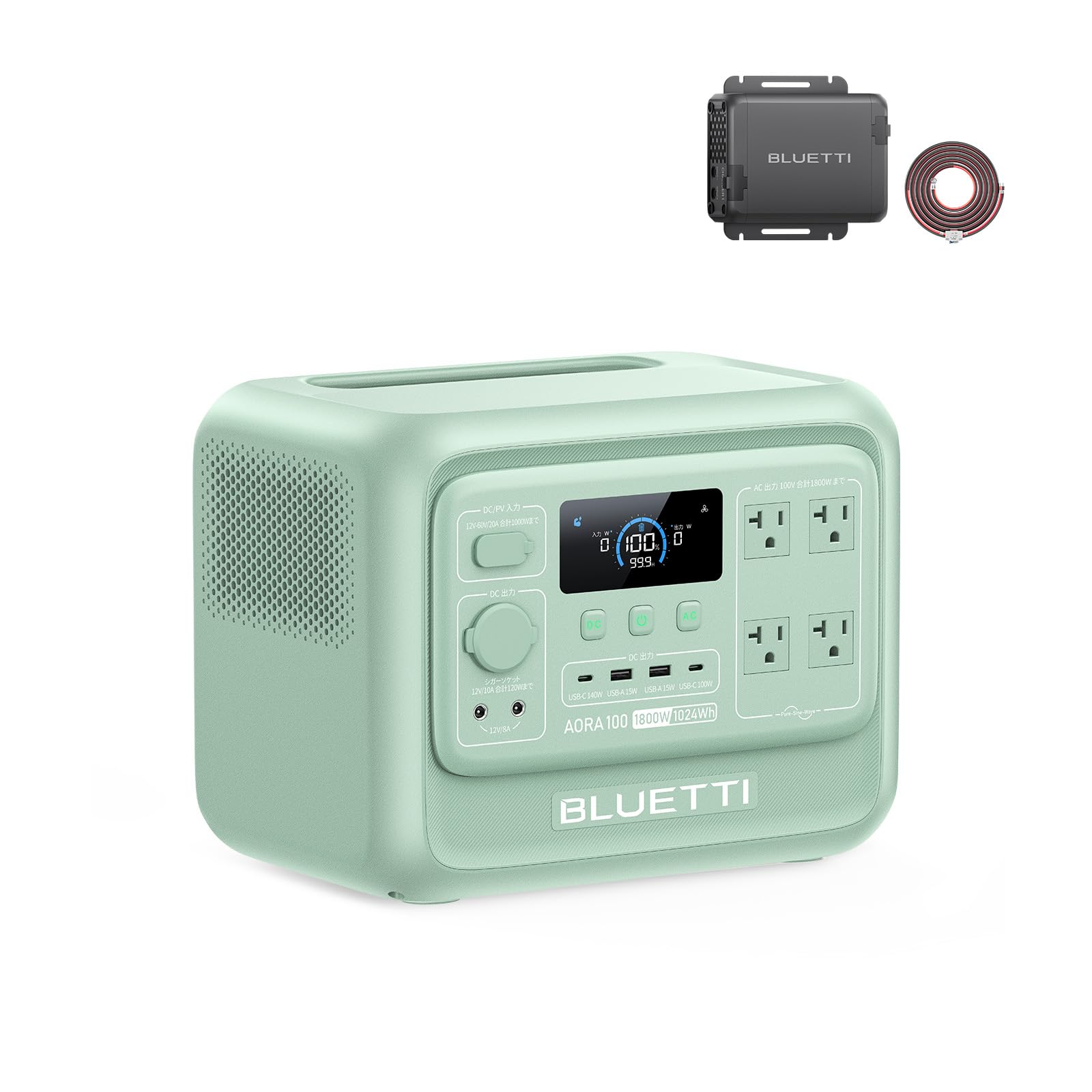 BLUETTI ポータブル電源 AORA 100 V2 と チャージャー１ 走行充電器セット 日本限定モデル 1024Wh リン酸鉄リチウム 10年長寿命 AC100V 定格出力1800W 2700W電力リフト機能 0.02秒UPS 1440W超急速充電 日本語画面 アプリ遠隔操作 耐熱防火設計 防災・キャンプ・車中泊に最適 50Hz/60Hz対応（ミントグリーン）