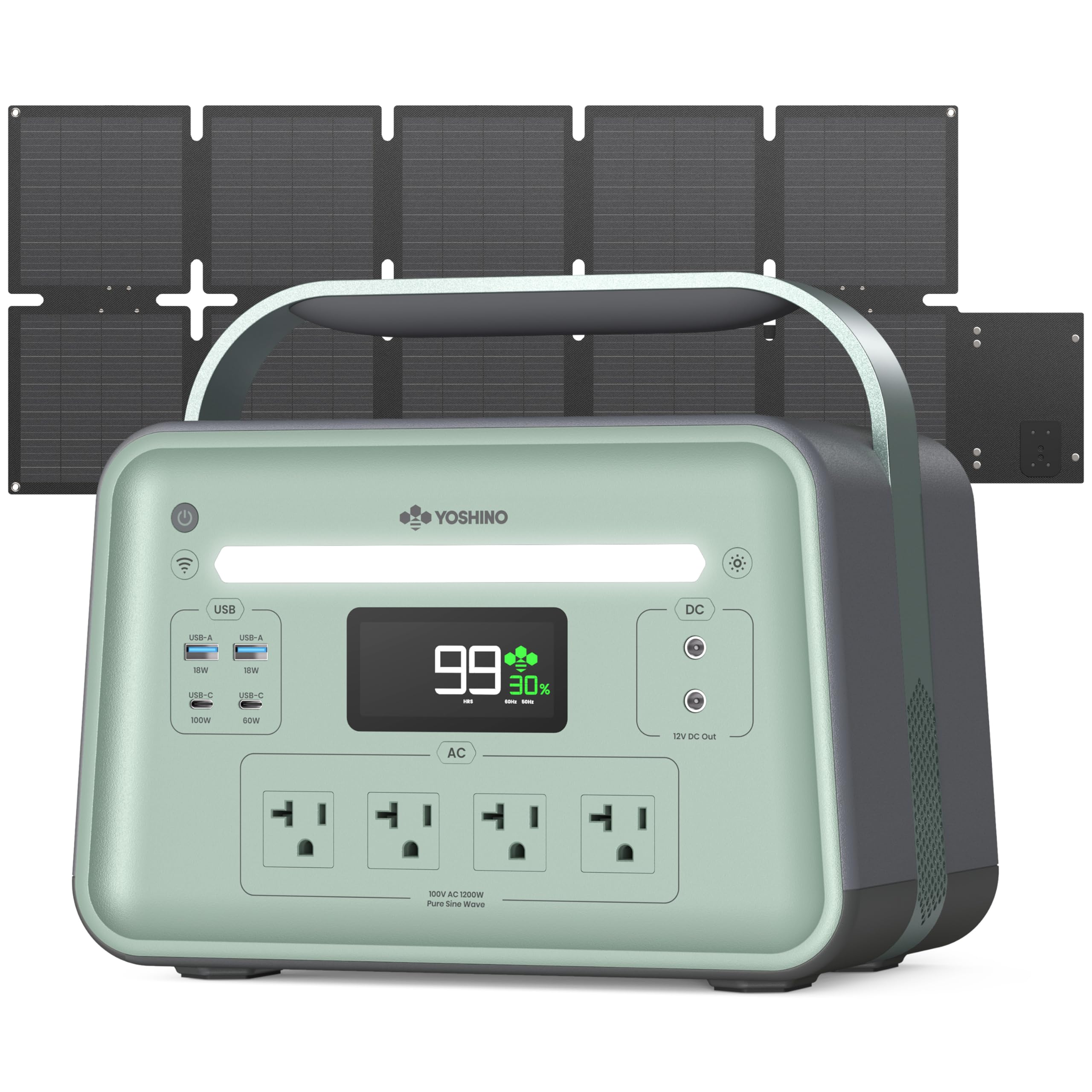 YOSHINO ヨシノ ポータブル電源 ソーラーパネル セット B1200 SST 1085Wh 三元固体電池 折りたたみソーラーパネル 100W 小型 大容量 定格出力1200W/最⼤1600W 充放電回数4000以上 放電温度-18℃~60℃ TUV認証済 パススルー機能 純正弦波 アプリ操作 防災 アウトドア キャンプ 車中泊 停電対策